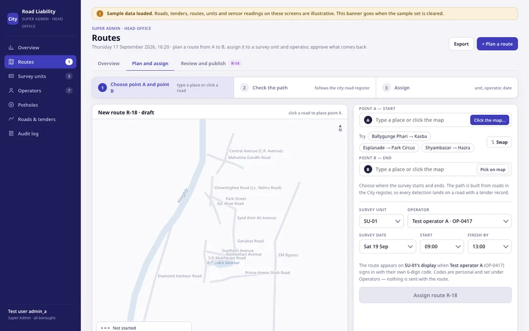 Route planner: choose point A and B on a city road map, then assign a unit, operator and date