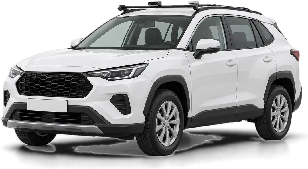White SUV with a roof-mounted sensor rack: a depth camera in the middle, colour cameras at each end and a GNSS antenna