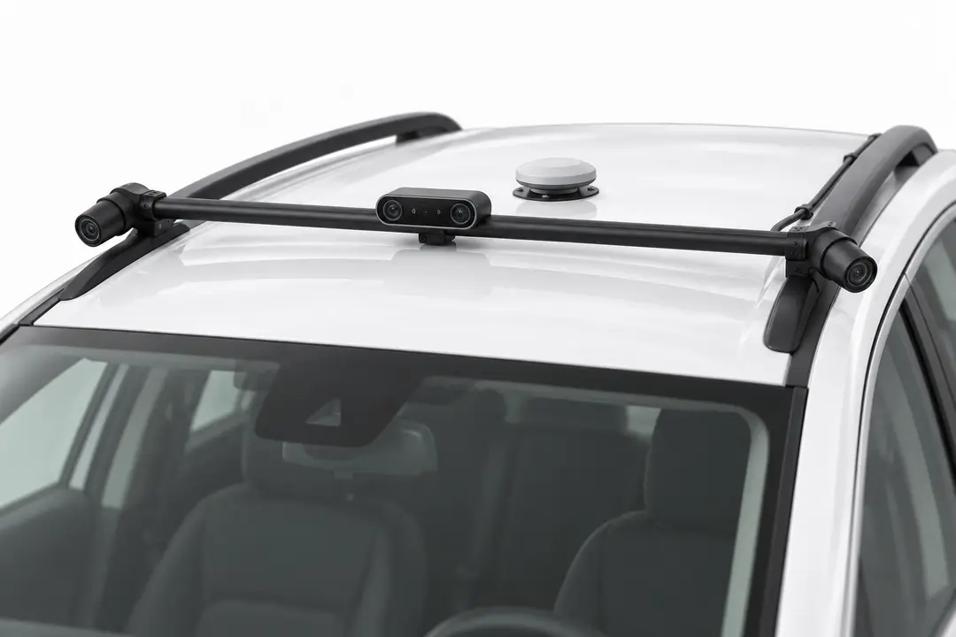 Close-up of the roof rack: colour cameras at each end, the depth camera in the middle and a GNSS antenna behind it